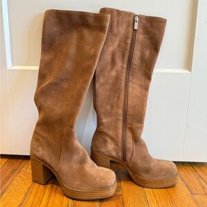 Gianni Bini Suede Platform Knee High Boots Tan Chunky Heel